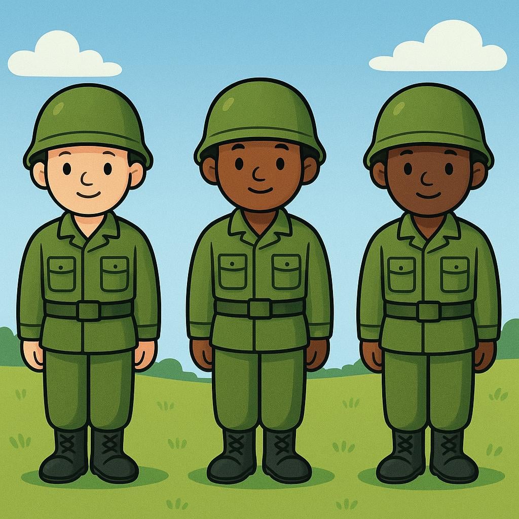 A simple, colorful illustration showing three cartoon-style soldiers standing in formation on a green field.