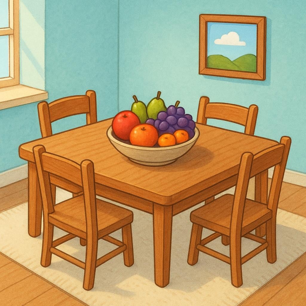 A brightly lit, cozy dining room featuring a simple wooden table set with four chairs, ready for a meal.