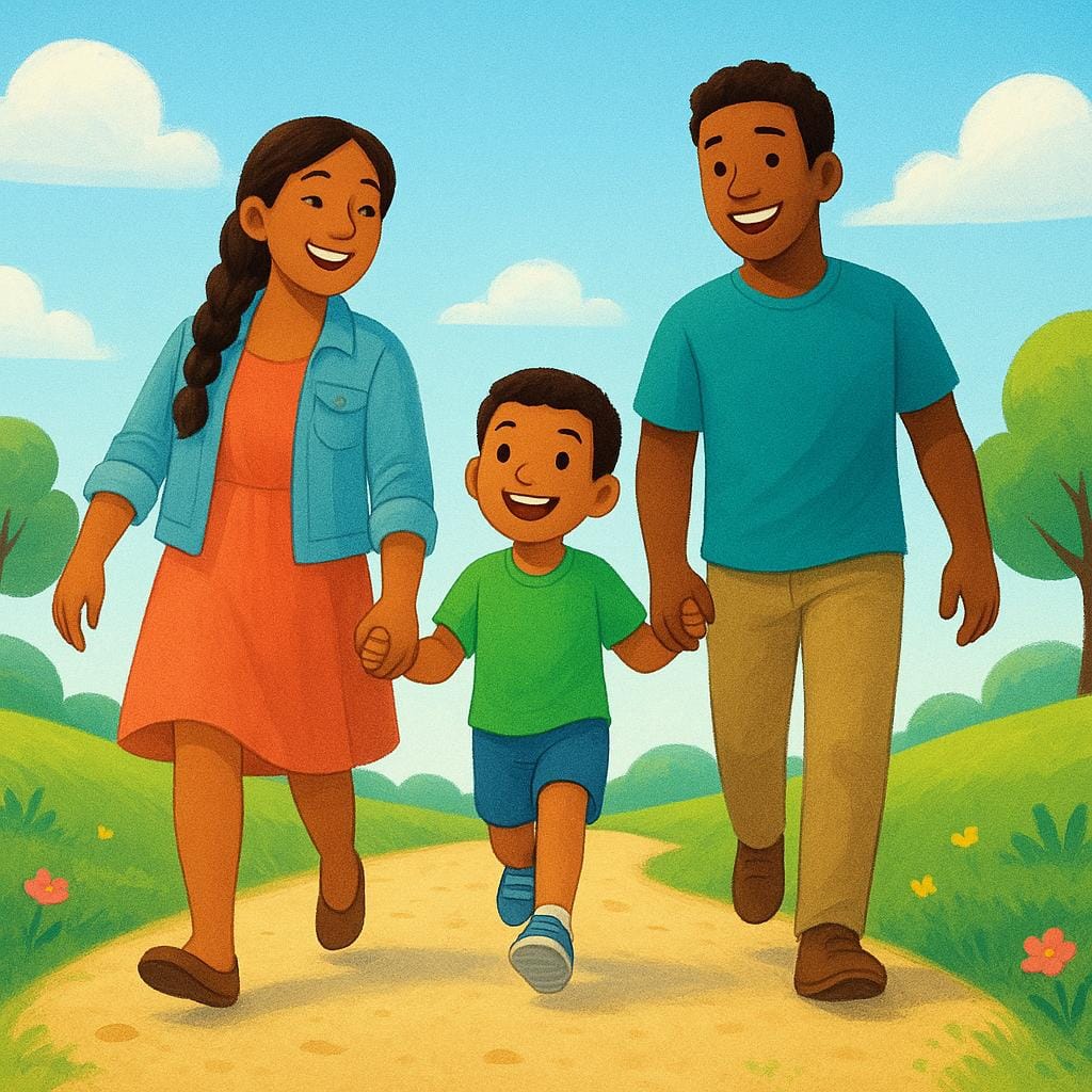 Three diverse people walking down a sunny path towards the viewer, indicating movement towards the observer.