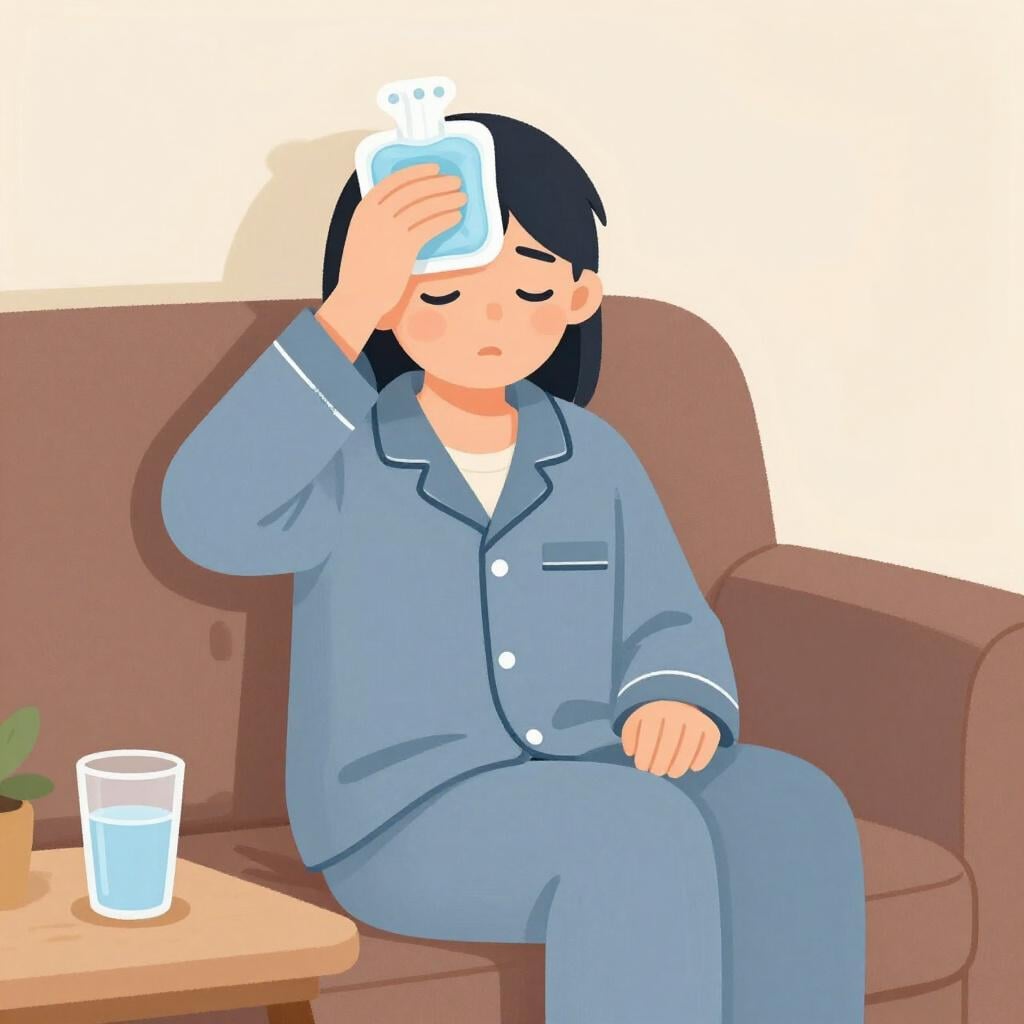 A person sitting on a sofa with an ice pack on their head and a glass of water.