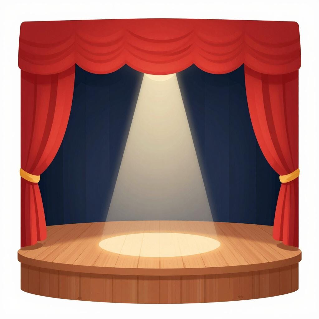 A colorful stage with red curtains and a single spotlight shining on a wooden floor.