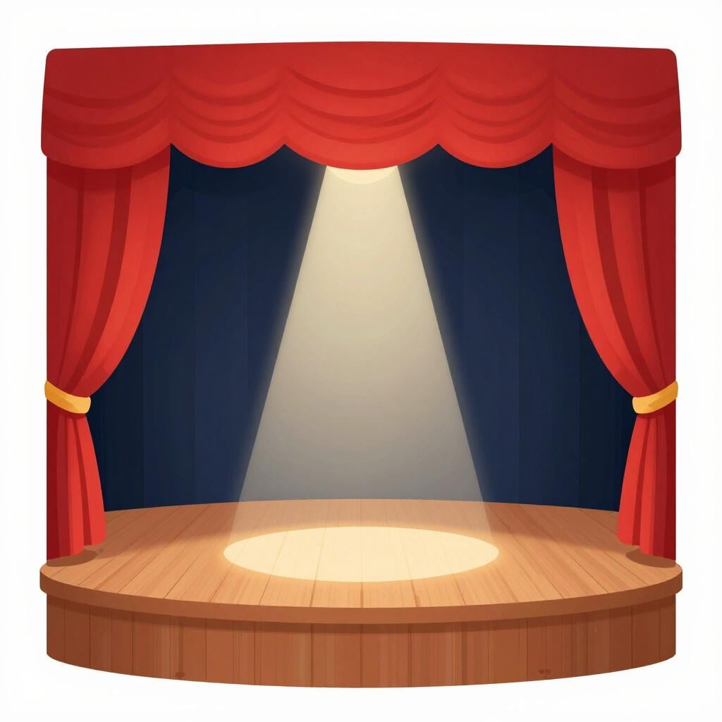Um palco colorido com cortinas vermelhas e um único holofote iluminando um chão de madeira.