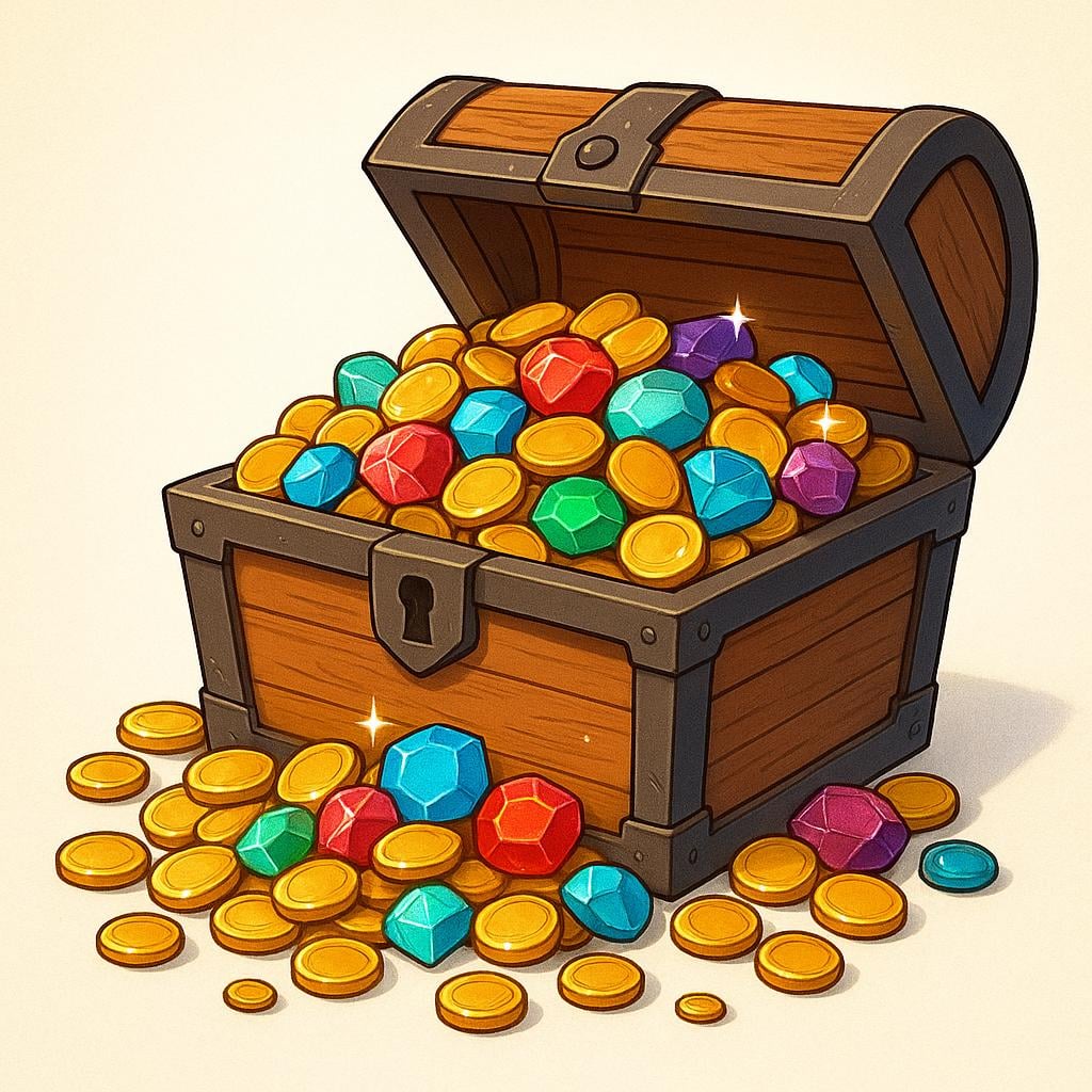 A large, heavy wooden chest overflowing with stylized gold coins and colorful precious gems.