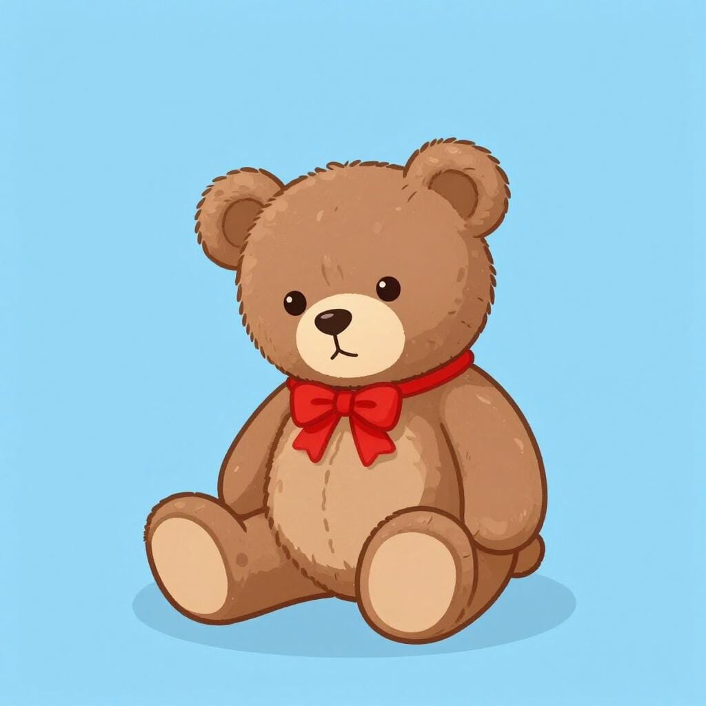 A soft, brown plush teddy bear sitting upright on a plain surface.