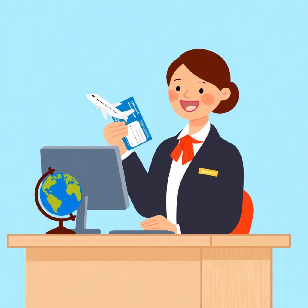 A professional travel agent sitting at a desk with a small globe and holding an airplane ticket, illustrating a business representative.