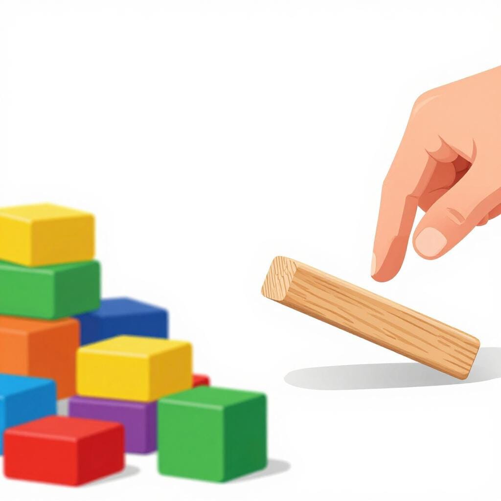 Uma mão afastando gentilmente um pequeno bloco de madeira de um grupo de outros blocos em uma superfície limpa.