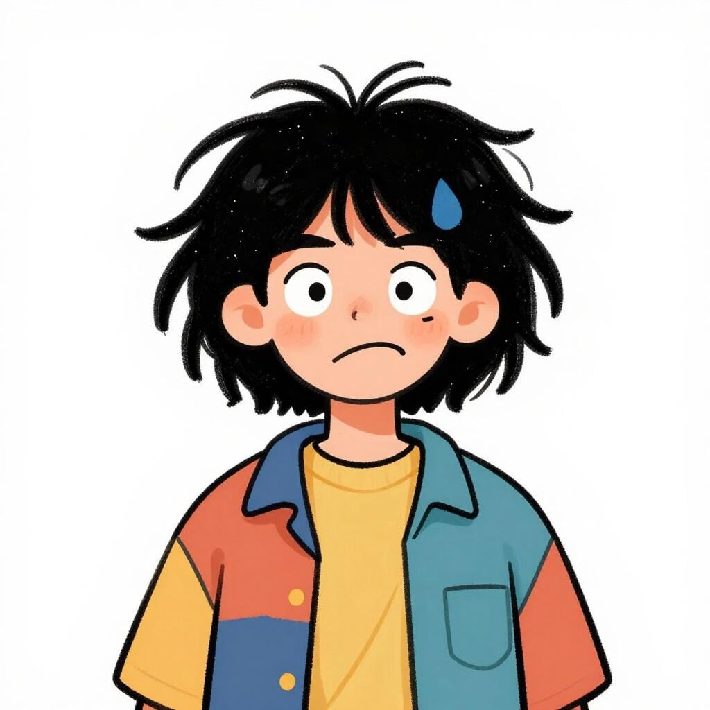 Uma pessoa com cabelo muito despenteado, roupas desalinhadas e uma expressão facial boba e exagerada.