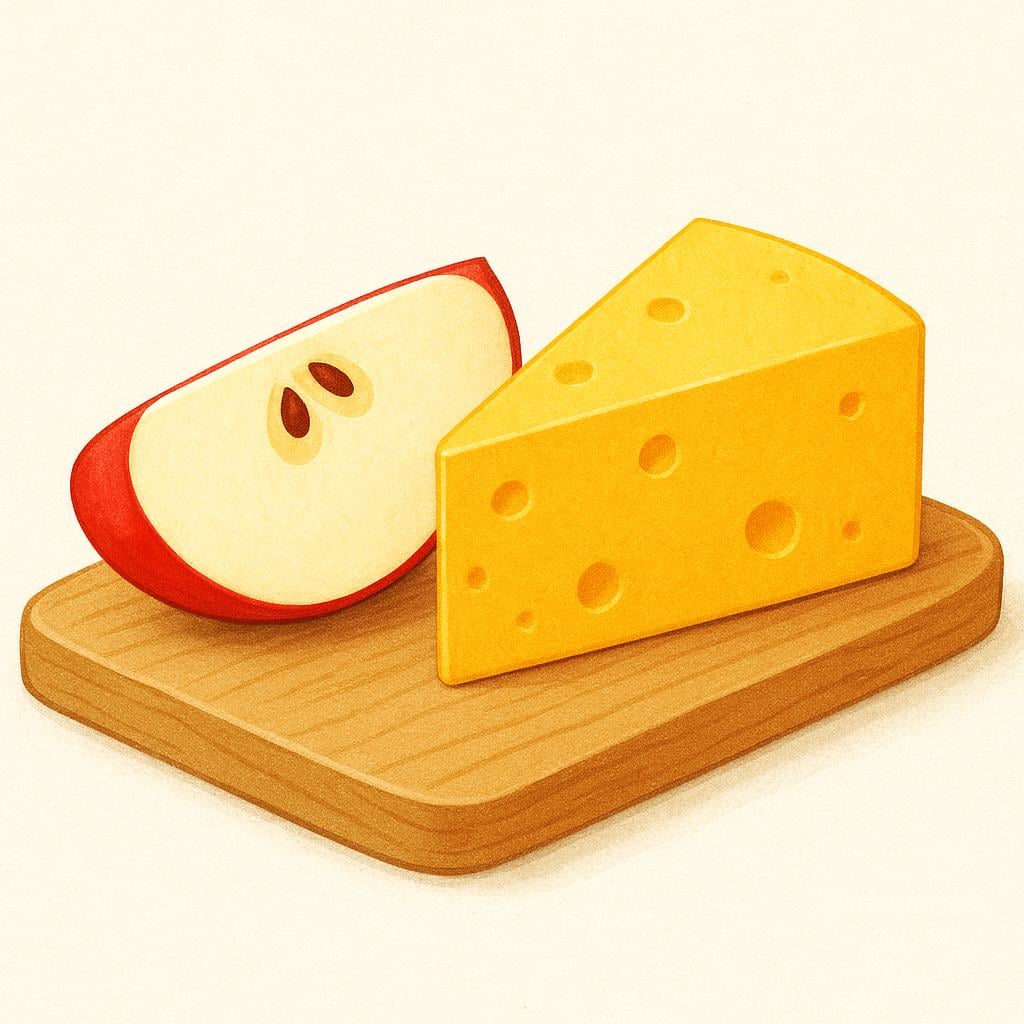 A stylized image showing a slice of bright red apple and a piece of yellow cheddar cheese placed side by side on a wooden board, symbolizing a perfect match of flavors.