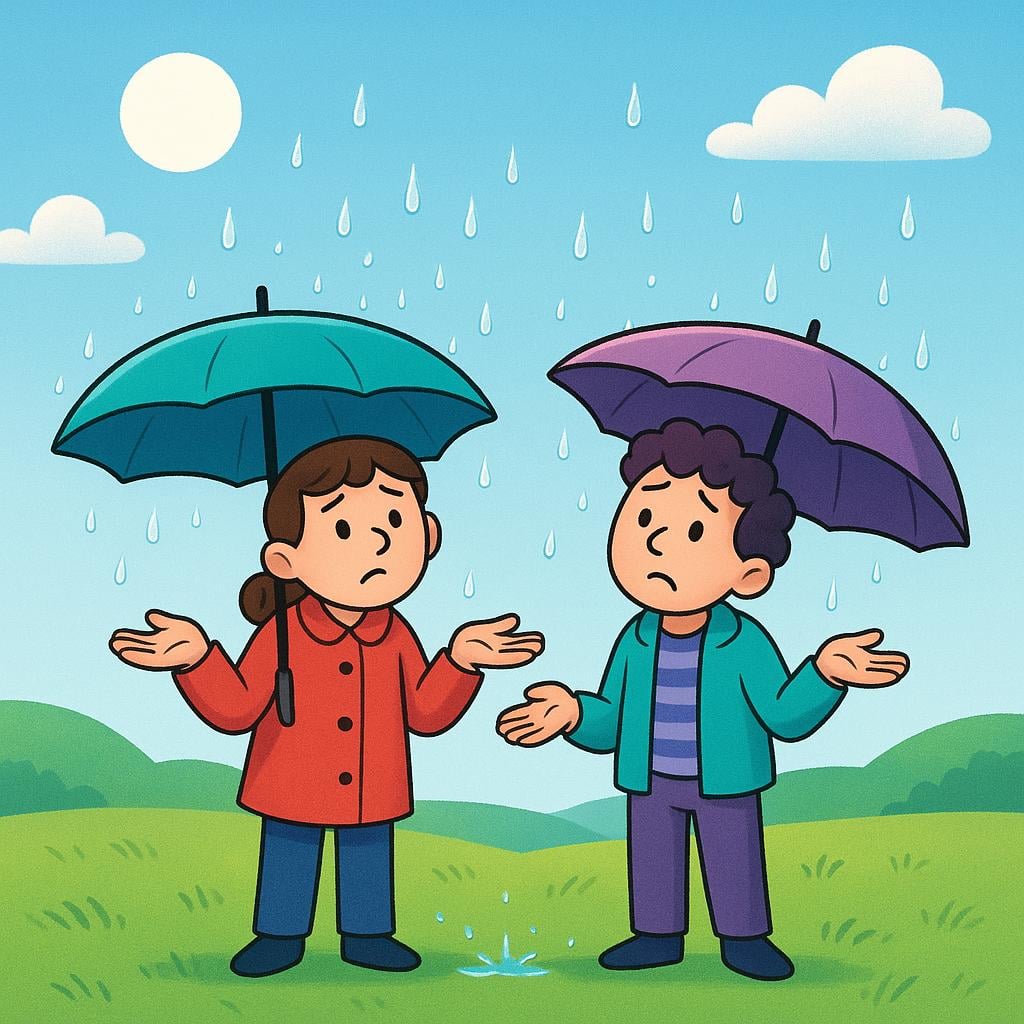 Two confused figures standing in a sunny field, holding large inverted umbrellas, foolishly trying to catch non-existent rain.