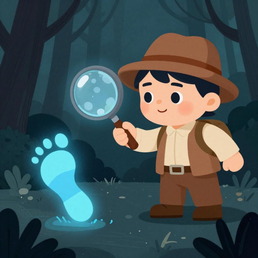 A detective with a magnifying glass examining a single glowing footprint on the ground.