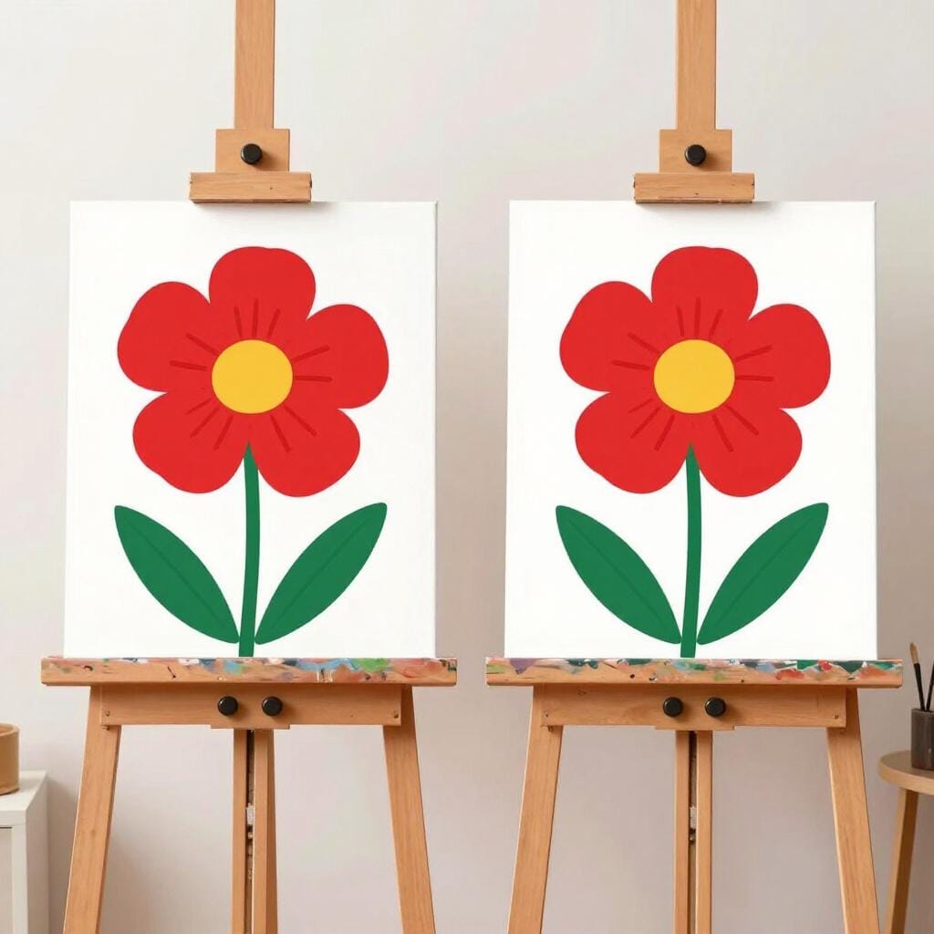 Zwei identische Gemälde einer einfachen roten Blume, die nebeneinander auf Staffeleien stehen.