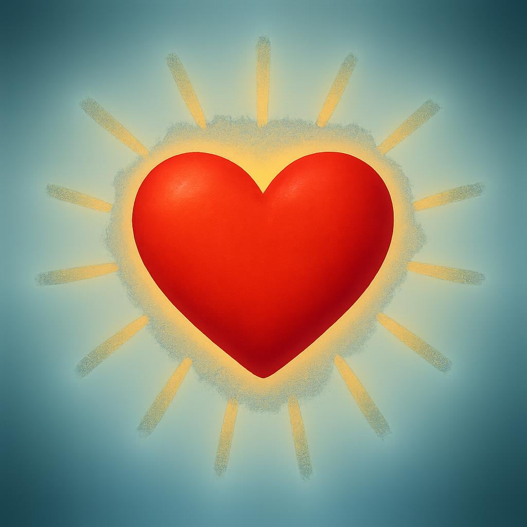A stylized, large, bright red heart floating in the air, emitting warm, golden light rays, symbolizing divine love.