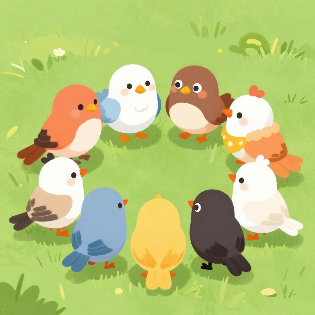 A group of colorful wooden birds gathered together in a circle on a green lawn.