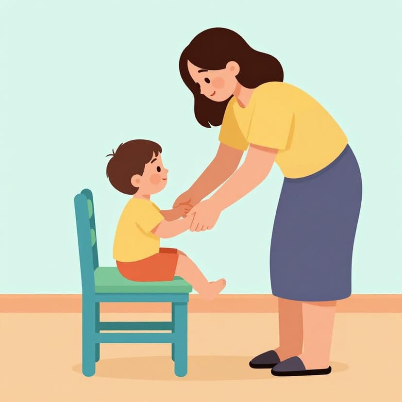A colorful storybook illustration showing an adult gently guiding a young child to sit down on a small, wooden chair.