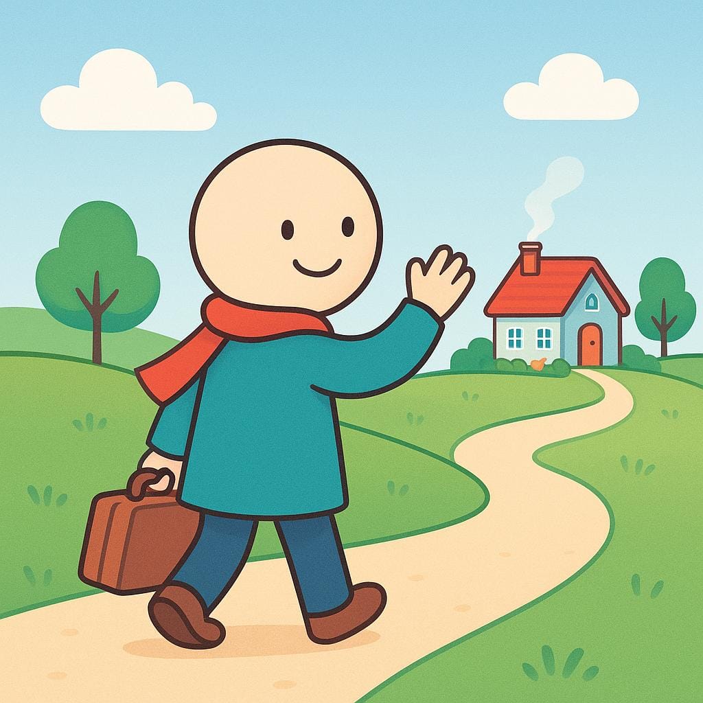 A character walking away from a cottage down a path, waving goodbye.