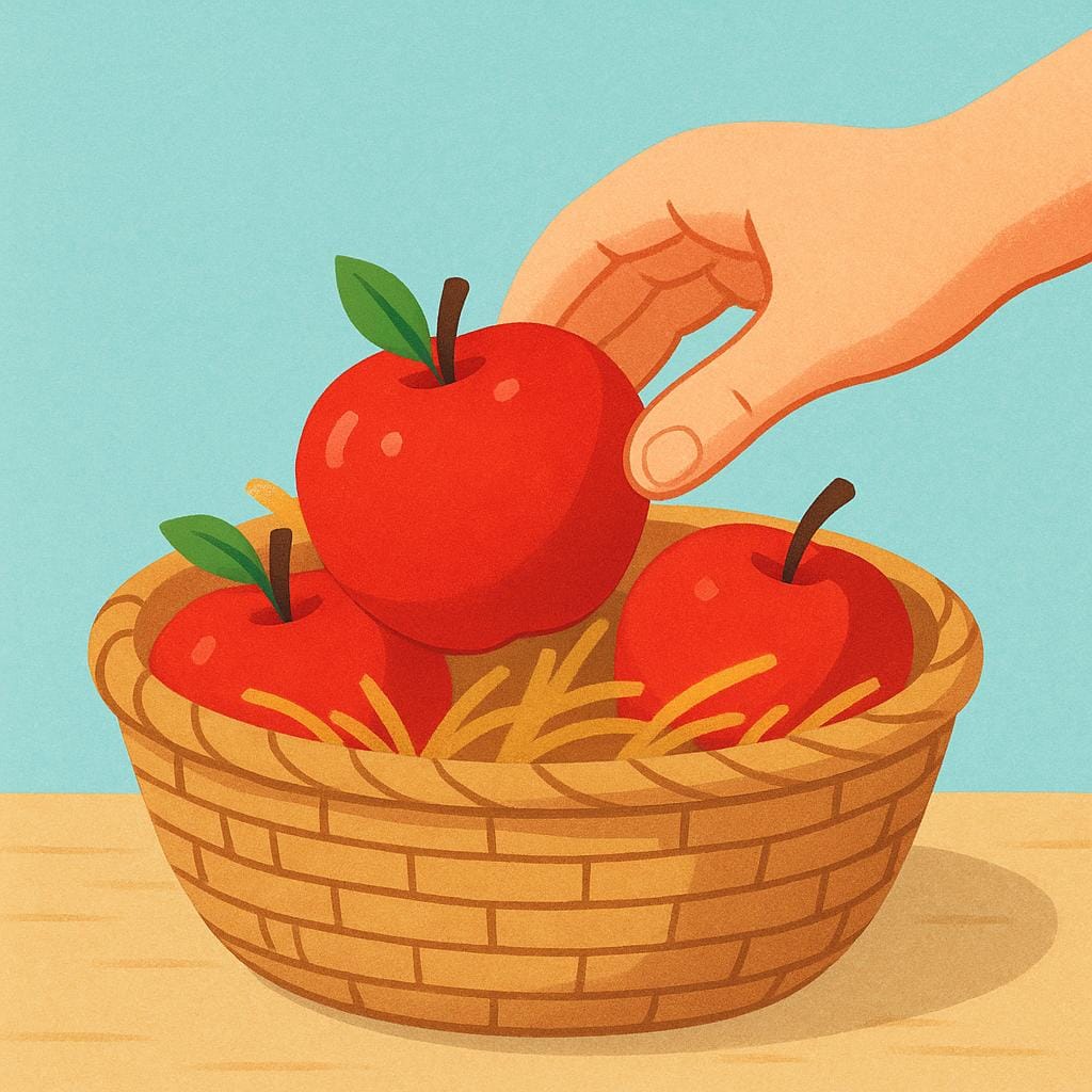 A single hand reaching into a wicker basket to happily pick up a bright red apple, illustrating making a free choice.