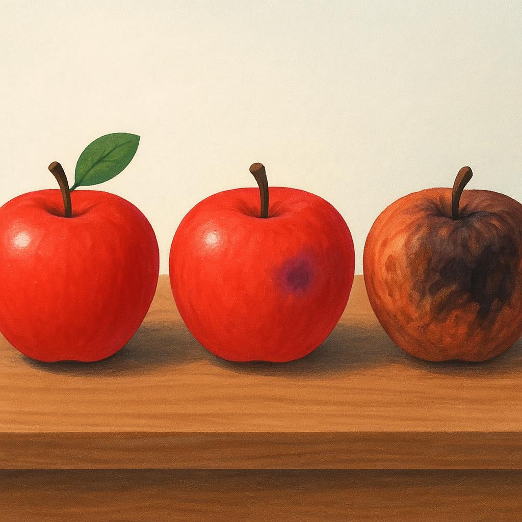 A colorful illustration of three apples sitting on a table. One apple is perfect, another is slightly bruised, and the third is heavily bruised and partially rotten, indicating it is worse.