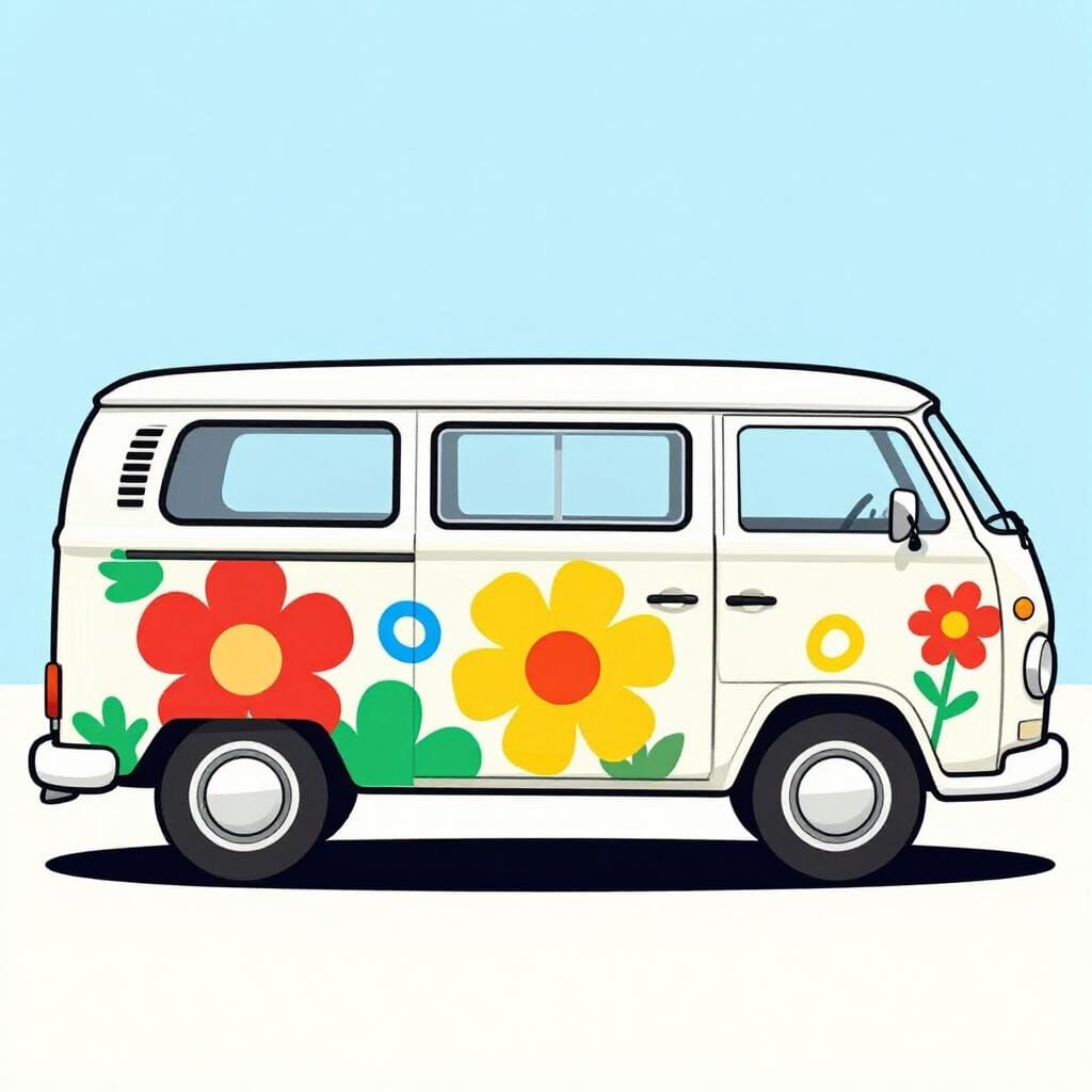 Jasny van ze wzorami w stylu flower power i kolorowymi zdobieniami.