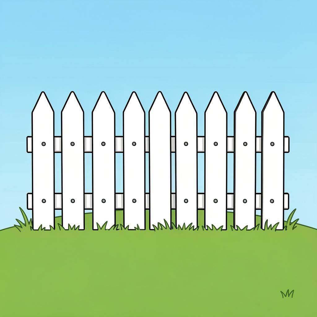A white wooden picket fence surrounding a small patch of green grass.
