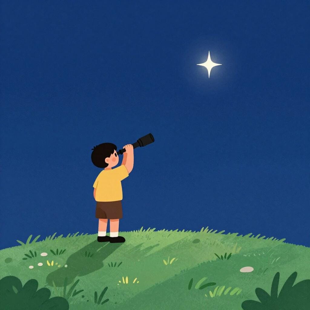 A person looking through a telescope at a bright star that is just beginning to appear over the horizon.