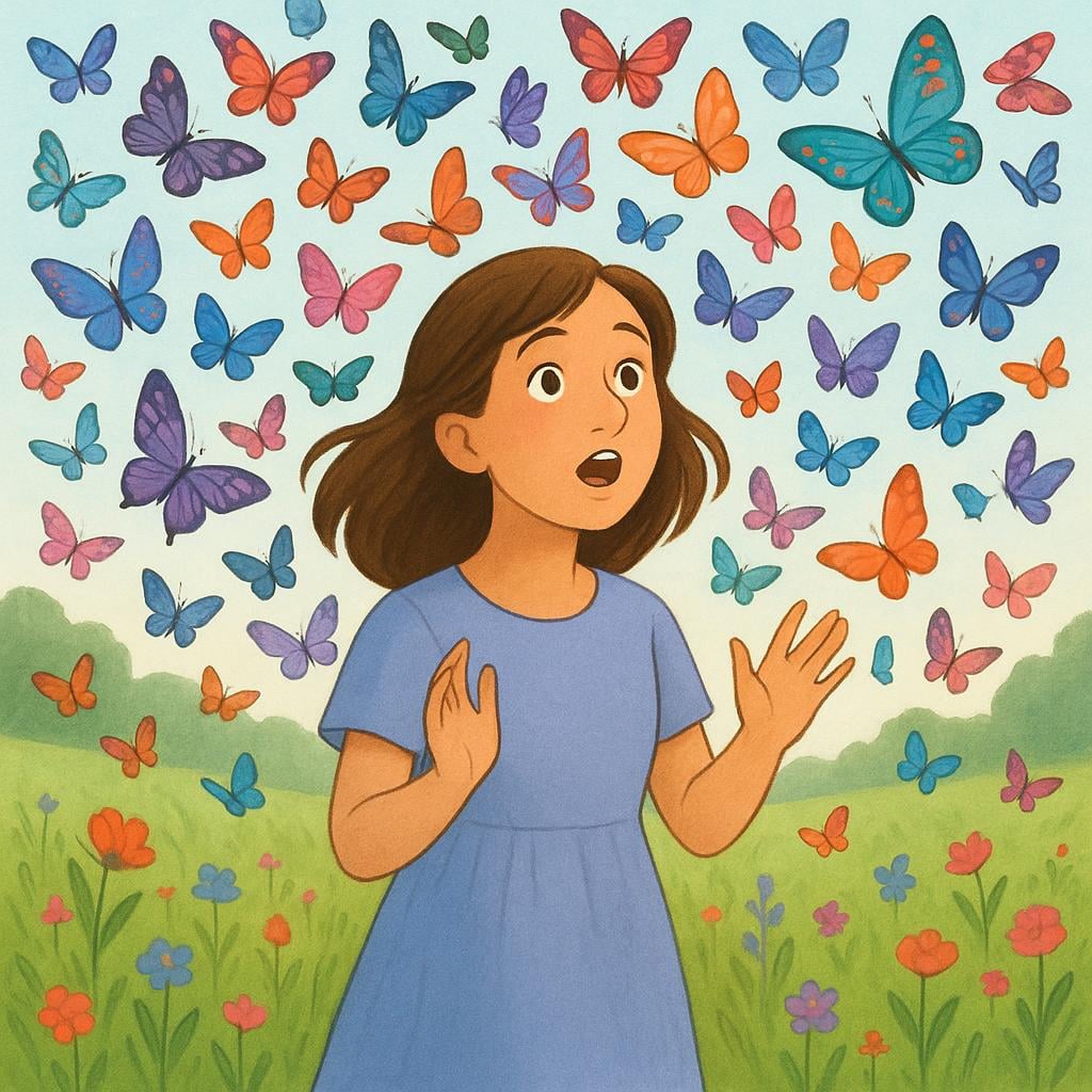 A person standing in a meadow with an expression of wide-eyed astonishment and hands spread open, completely surrounded by a massive, colorful swarm of butterflies.