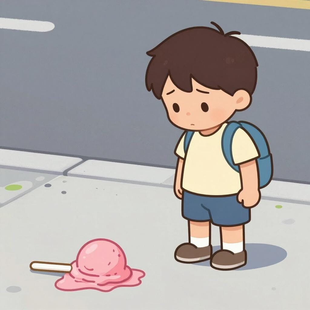 A sad child looking at a dropped ice cream cone on the ground.