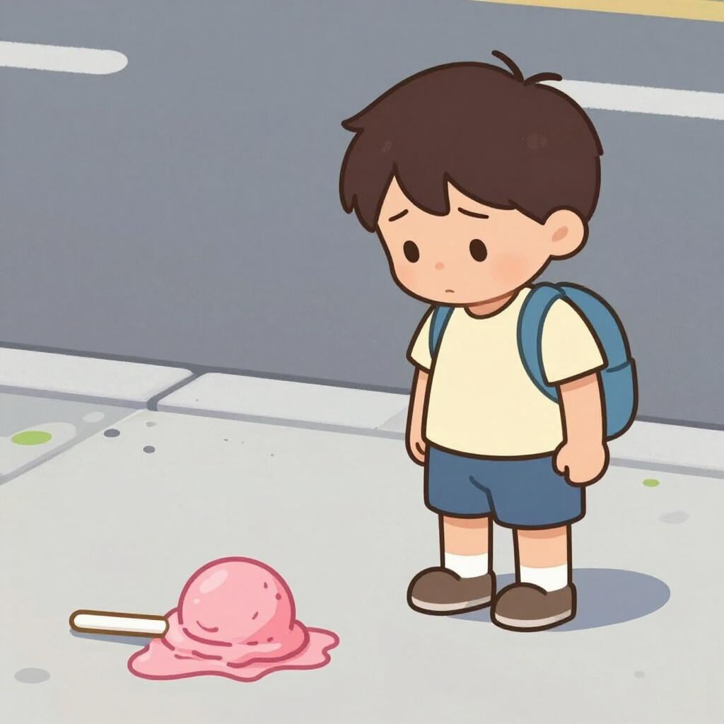 A sad child looking at a dropped ice cream cone on the ground.