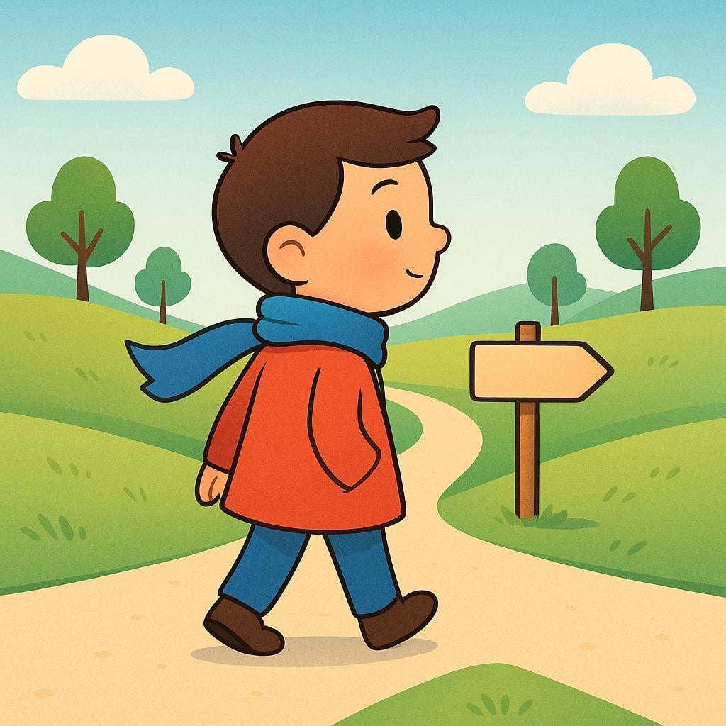 A stylized character standing at a T-junction, clearly pivoting their body 90 degrees to face the new path, demonstrating a change in direction.