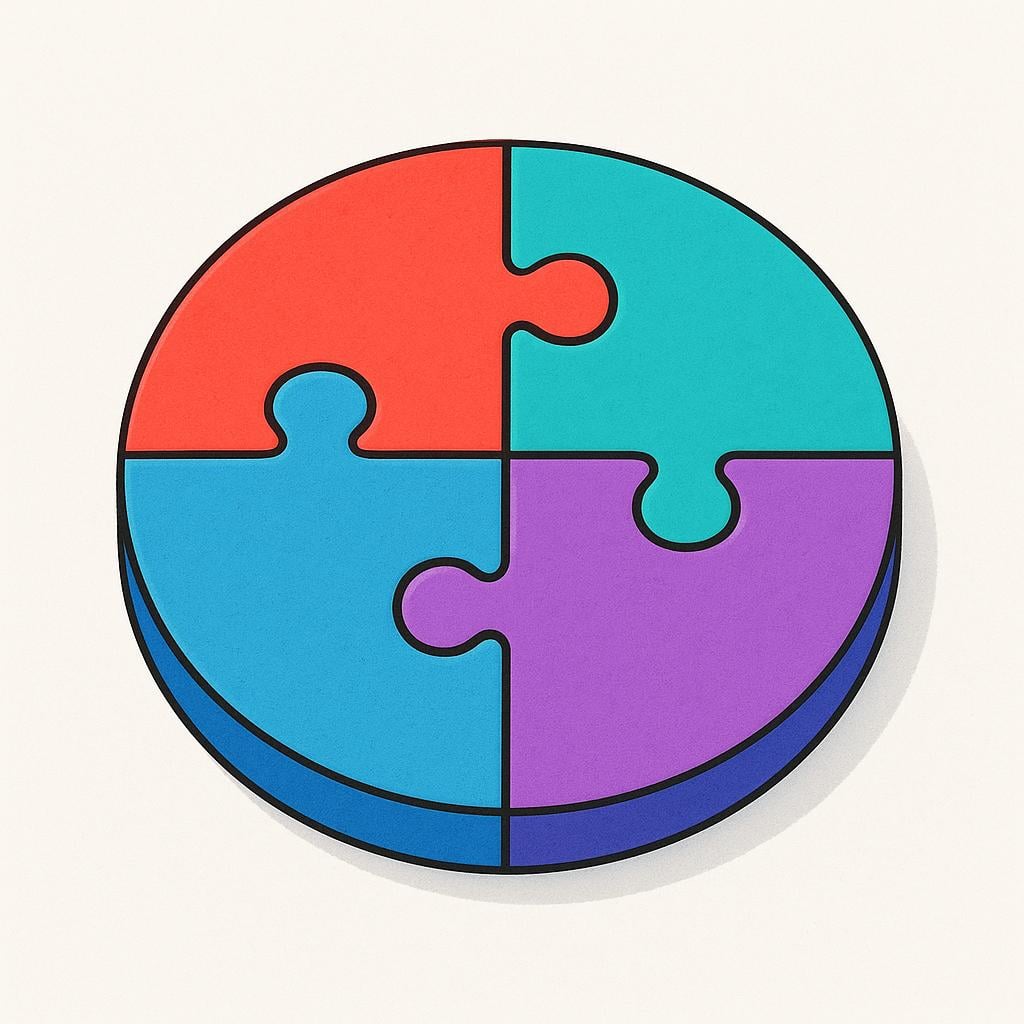 A perfectly assembled circular puzzle composed of four brightly colored, interlocking pieces, illustrating completeness.