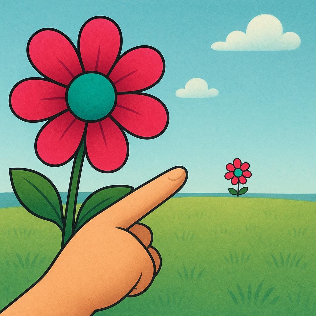 A close-up view of a hand pointing past a large, brightly colored flower in the foreground toward a much smaller, distant flower on the horizon.