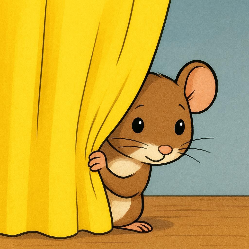 A curious small brown mouse is only partially visible, peeking out halfway from behind a large, bright yellow stage curtain, implying but not fully revealing the rest of the scene.