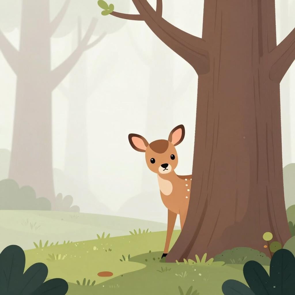 A small deer partially visible through thick forest mist and tall green trees.