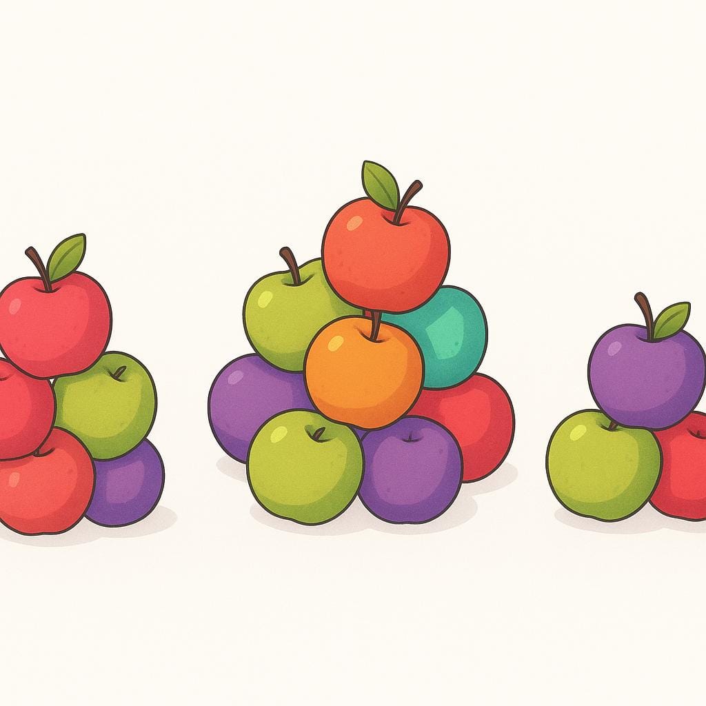A storybook illustration showing two small groups of apples combined into one large group, illustrating a total sum.