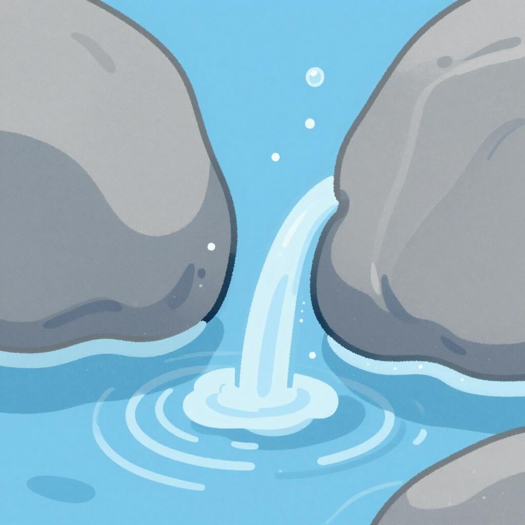 Klares Wasser, das zwischen zwei großen grauen Felsen aufsprudelt und herausfließt.