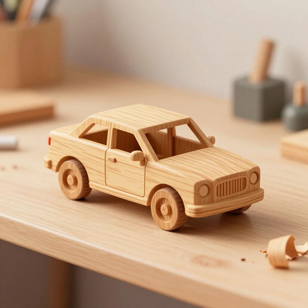 A wooden model of a futuristic car sitting on a workbench.