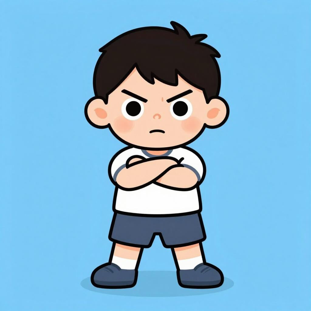 腕を組んで、決意に満ちた表情をした小さな子供がしっかりと立っている。