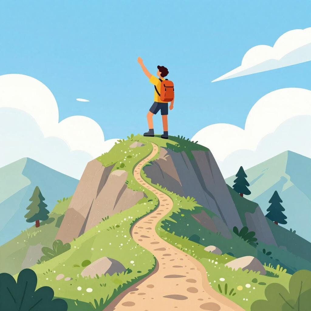 Ein Wanderer steht auf einem Berggipfel und blickt auf den langen Weg hinunter, den er erklimmen musste, um dorthin zu gelangen.