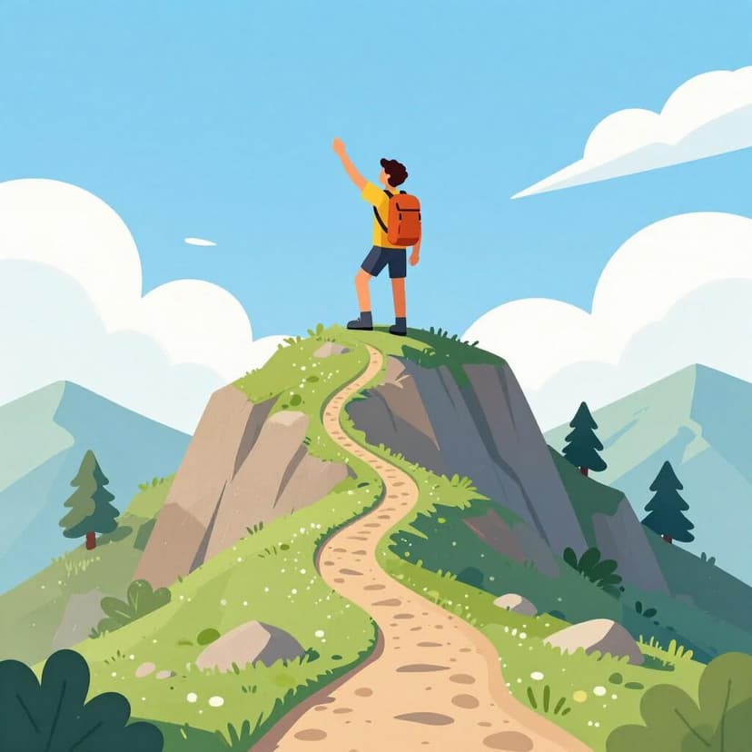 Un escursionista in piedi sulla cima di una montagna che guarda in basso il lungo sentiero che ha dovuto percorrere per arrivarci.