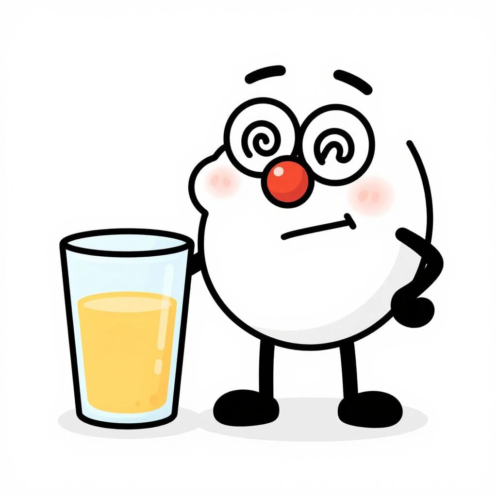 A character with dizzy eyes and a wobbly stance holding an empty glass.