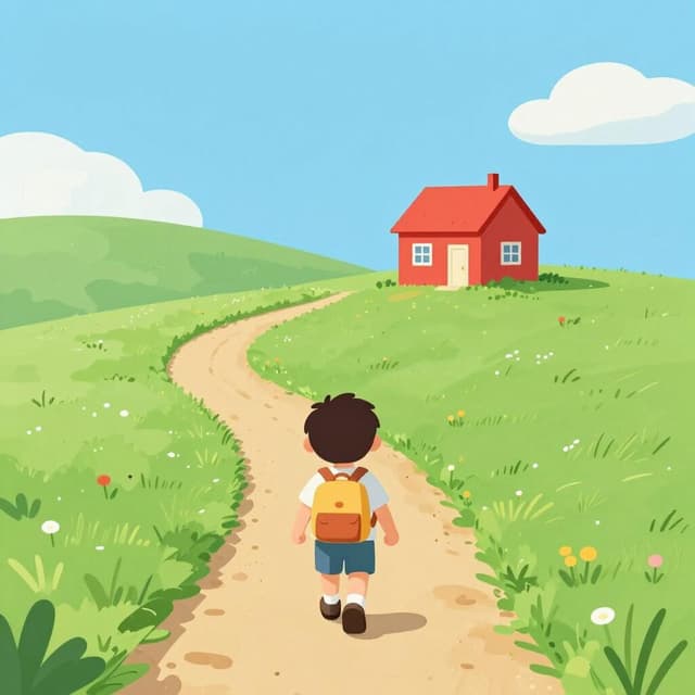 Uma criança caminhando por um caminho sinuoso em direção a uma pequena casa ao longe.
