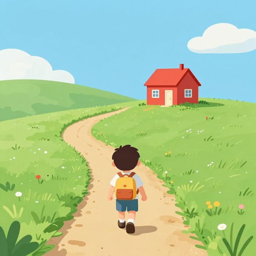 Een kind loopt langs een kronkelig pad naar een klein huisje in de verte.