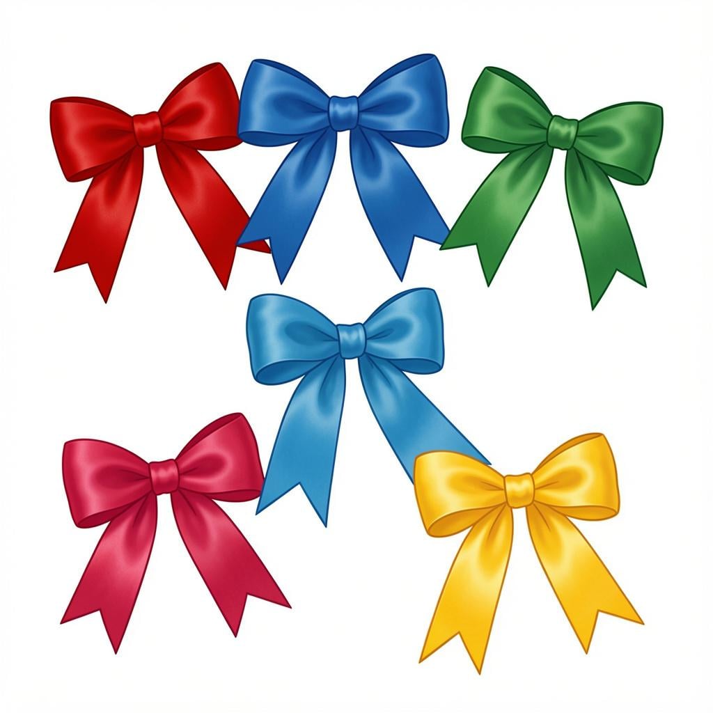 A collection of colorful silk ribbons tied into decorative bows on a plain background.