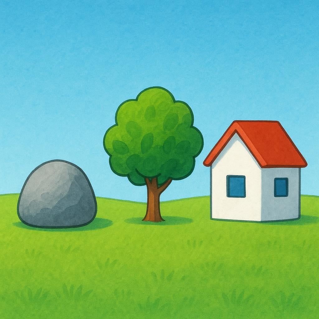 A colorful storybook illustration showing a smooth gray rock, a small green tree, and a red-roofed house standing clearly on a grassy field, emphasizing their concrete presence.