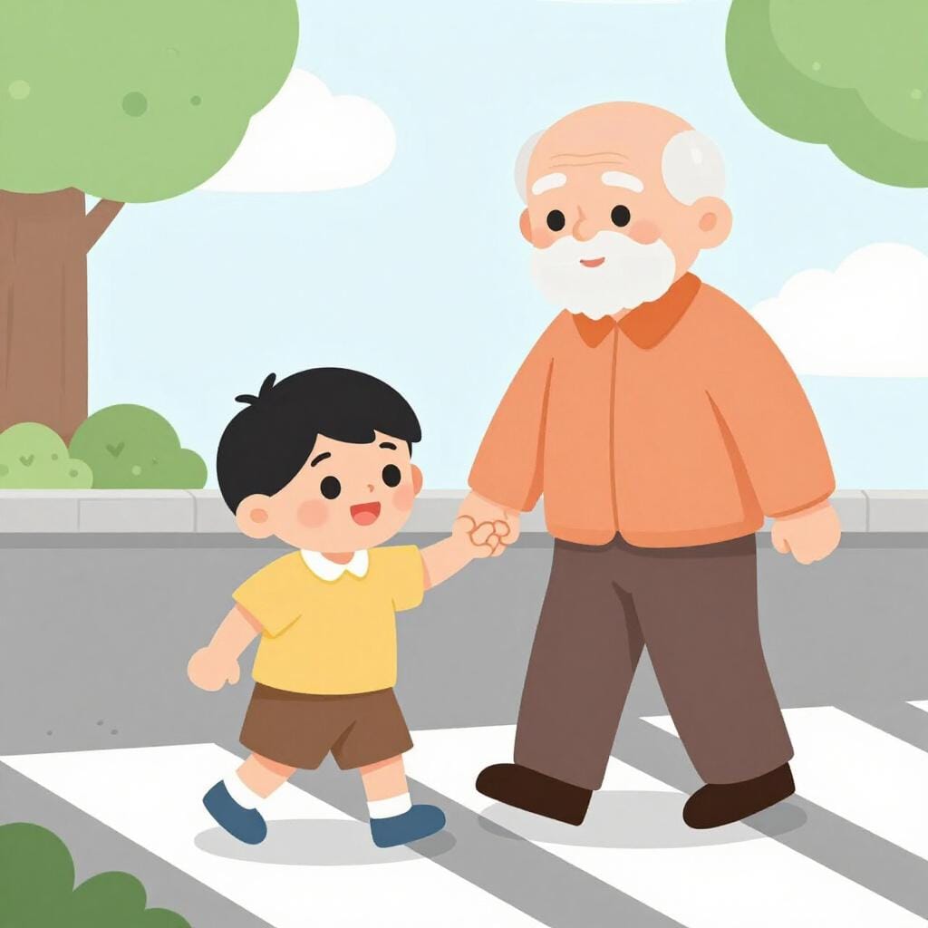 A child helping an elderly person cross a street in a kind and respectful manner.