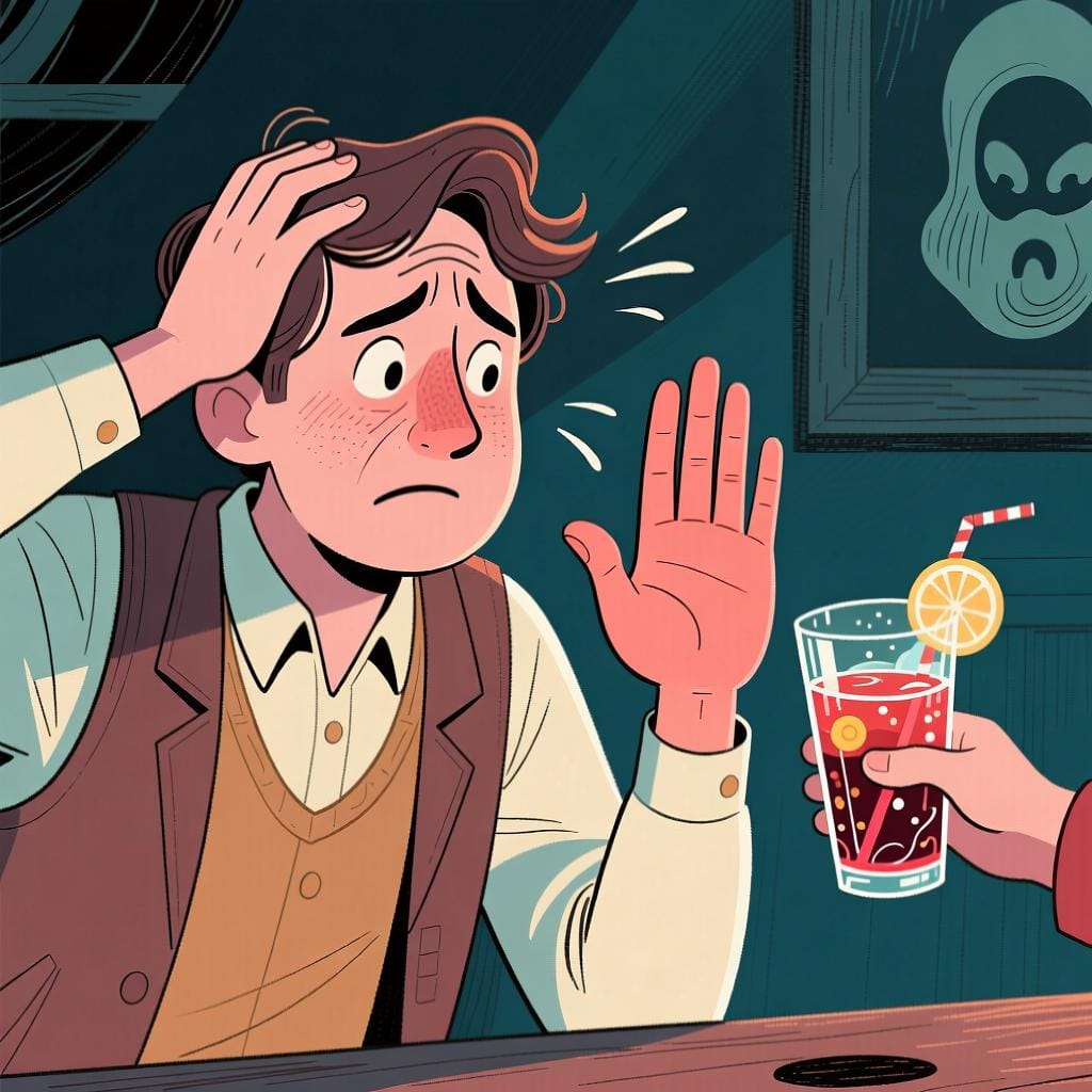 A person holding up their hand to refuse a suspicious-looking potion being offered to them, shaking their head no.
