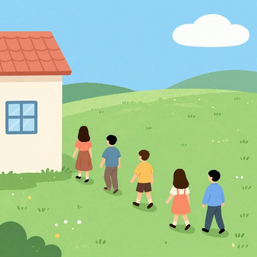 A group of people walking orderly away from a building towards a safe open field.