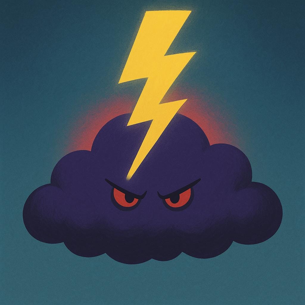 A sharp, jagged lightning bolt striking a dark, heavy storm cloud.