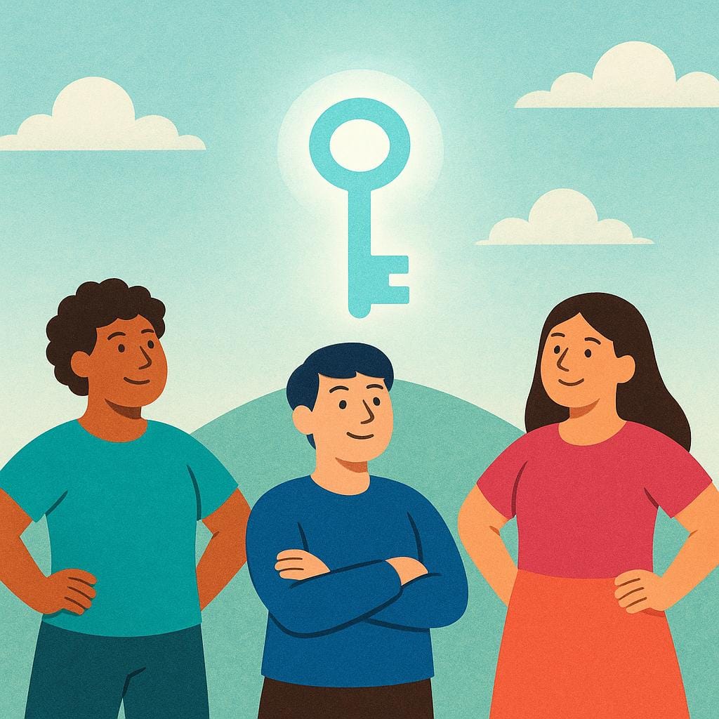 Três figuras estilizadas lado a lado, olhando com confiança para uma chave grande e luminosa flutuando à distância, simbolizando uma conquista ou habilidade futura.