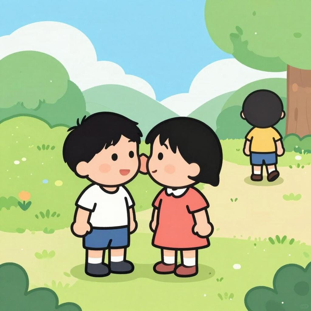 Two people talking secretly in a corner while looking towards a third person in the distance.