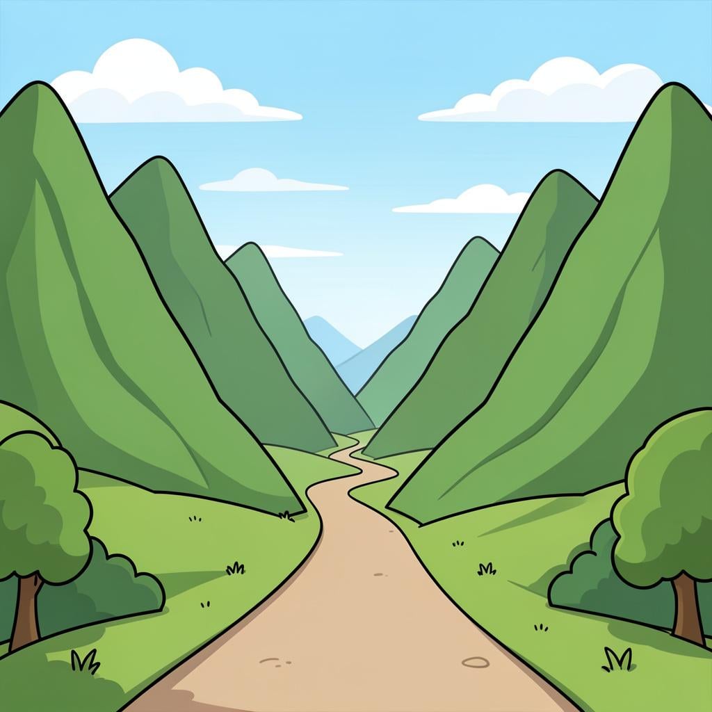 A wide path or gap between two tall, green mountains under a blue sky.